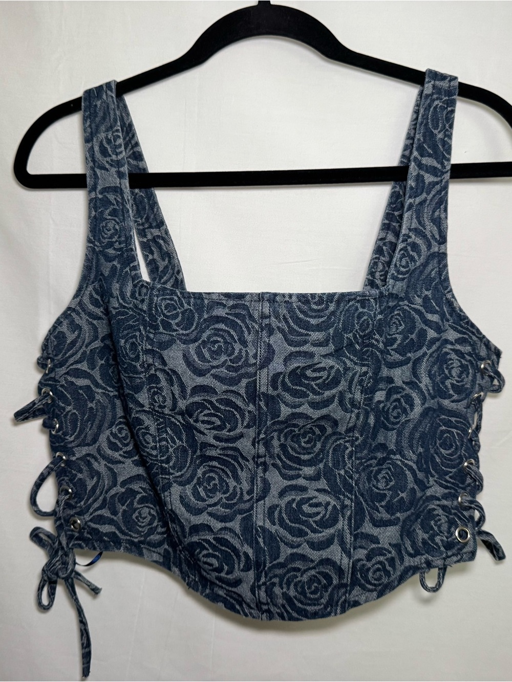 Altar'd State Floral Denim Corset Top Lace Up Blue Size Large